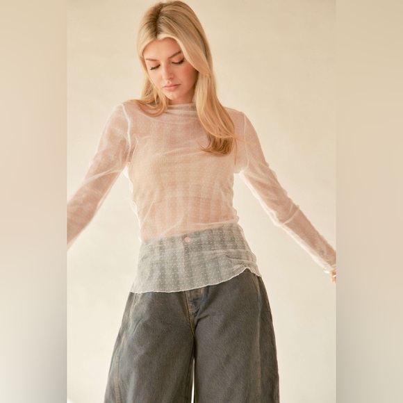 🟠 178B. Mesh Dotted Lace Stretch Sheer Top - White - Picture 4 of 9